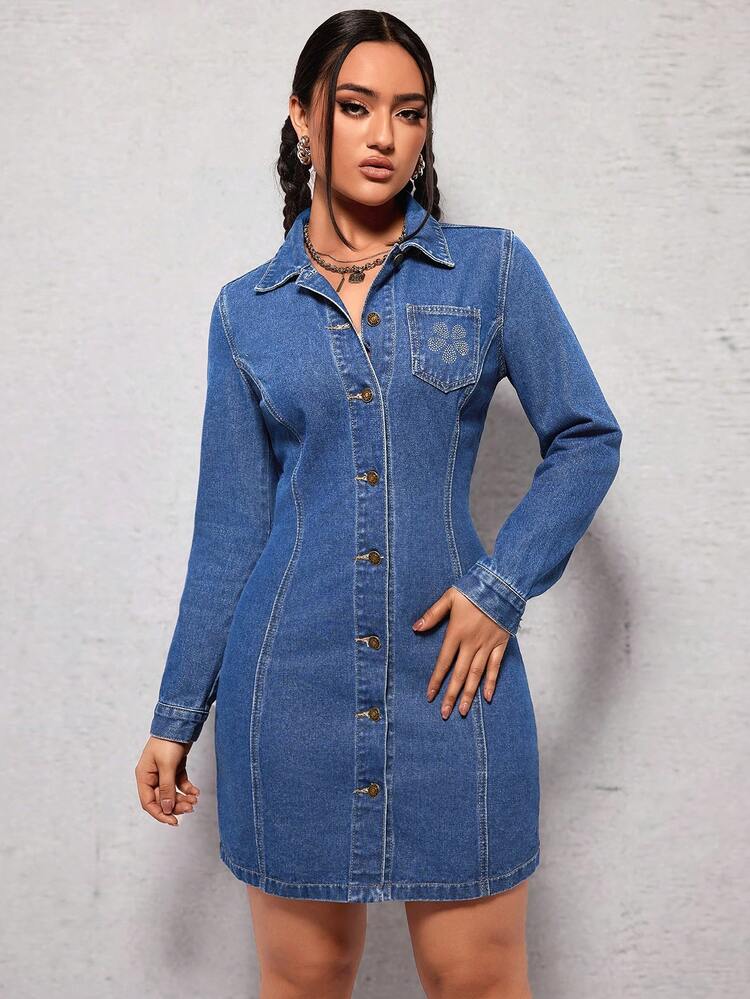 Women'S Button Front Shirt Collar Denim Dress