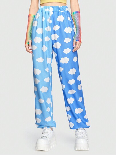 Kawaii Cloud Decor Harajuku Style Color Block Cute & Interesting Comfortable & Loose Women'S Sweatpants