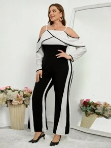 SHEIN Privé 女士加大碼浪漫優雅情人節肩帶荷葉邊露肩色塊連身褲 - 黑與白 - 查看 5