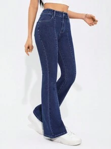 SHEIN PETITE 女士开衩喇叭牛仔裤 - 深色水洗藍 - 查看 6