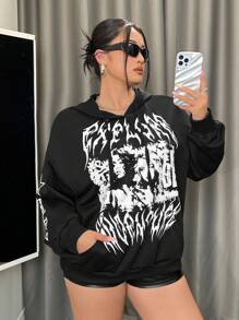 SHEIN ICON 大尺碼字母印花連帽抽繩運動衫 - 黑色 - 查看 5