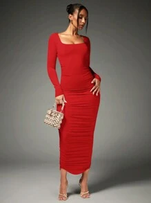 SHEIN BAE 女款高彈修身褶皺方領百搭節慶派對洋裝 - 紅色 - 查看 3