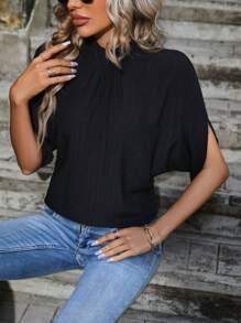 SHEIN LUNE Của phụ nữ Nửa tay Đứng cổ áo Áo sơ mi - màu đen - Xem 5