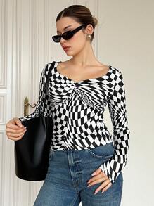 SHEIN Essnce 格紋修身基本款 T 卹 - 黑與白 - 查看 4