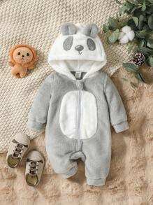 SHEIN 寶貝男寶可愛熊貓款式刺繡連身衣,帶帽和拉鍊,休閒時尚,厚實保暖,適用於日常穿著,秋冬季節 - 灰色 - 查看 1