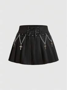 ROMWE Goth 女士鍊條細節編織腰帶百褶裙 - 黑色 - 查看 1