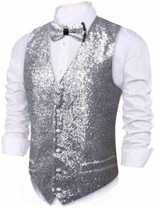 Men's Single-Breasted Glitter Suit Vest - Silver - View 1