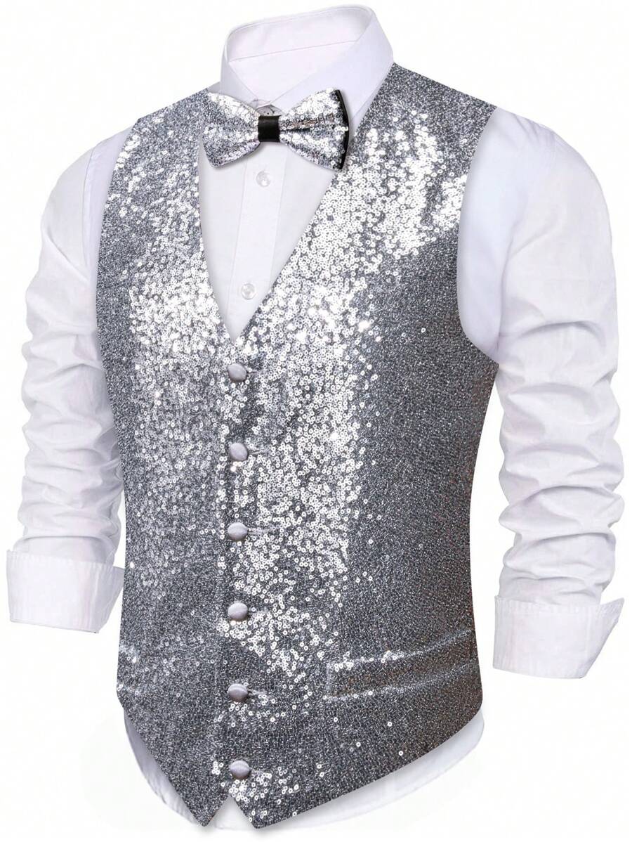 Men's Single-Breasted Glitter Suit Vest - Silver - View 1