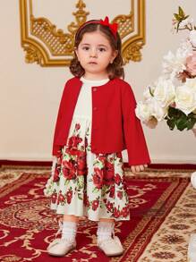 Baby Girls' Floral Printed Dress With Red Knitted Cardigan - Red - View 5