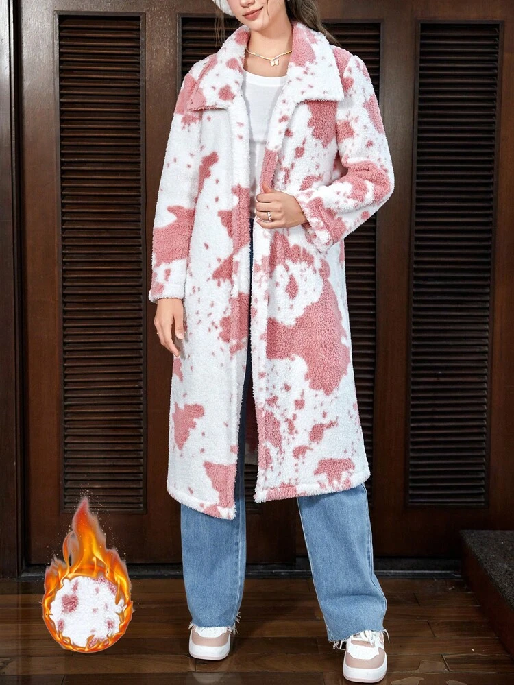 Women's Furry Long Coat With Allover Printed Lapels