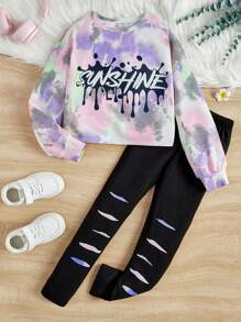 SHEIN Conjunto De Sudadera Teñida Anudada Y Leggings Rasgados Con Estampado De Salpicaduras De Tinta De Corte Holgado Para Niña Tween, Invierno - Morado - Ver 5