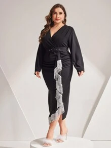 Modelyn Plus Size Women'S Wrap Fringe Trim Dress - Black - View 3