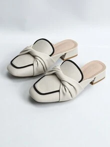 女士粗跟腳踝帶蝴蝶結及半腳趾鞋設計,春夏秋季舒適拖鞋,刺繡細節,拼色 - 米色 - 查看 6