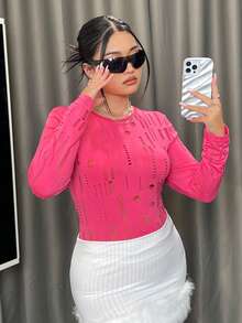 SHEIN ICON 加大尺碼女款修身長袖空心t恤 - 玫紅色 - 查看 6