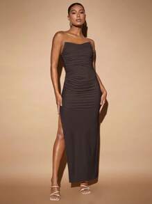 SHEIN BAE Women's Solid Color Pleated Tube Top Dress - Coffee Brown - View 3