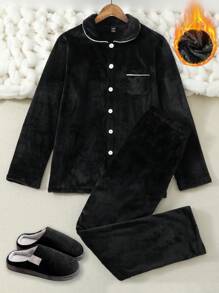 男士法蘭絨家居服套裝 - 黑色 - 查看 1