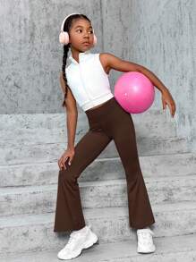SHEIN Leap Crew Tween Girl 纯色高腰喇叭运动裤 - 棕色 - 查看 7