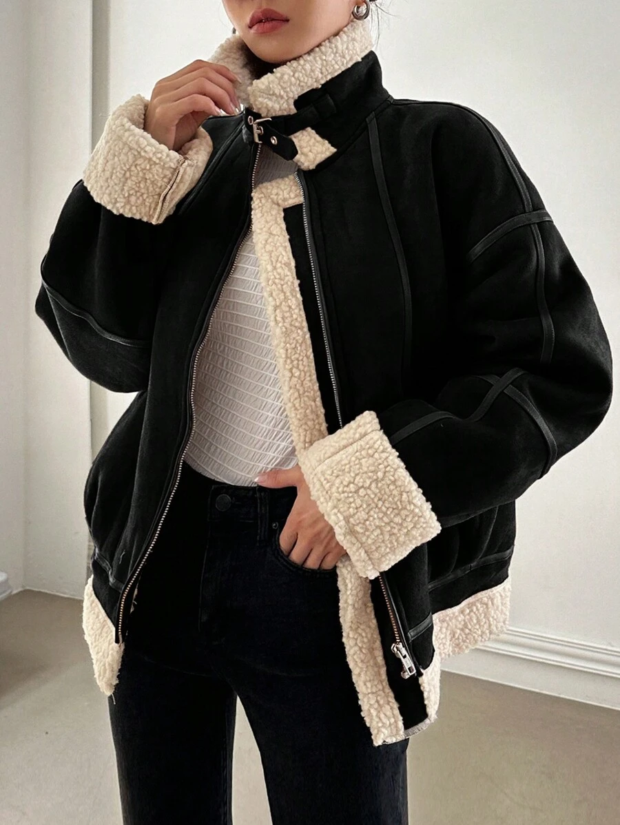DAZY Sherpa 拼接立領麂皮夾克 - 黑色 - 查看 1