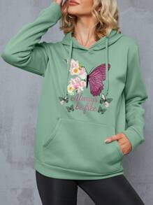 SHEIN LUNE Của phụ nữ Loại bướm In Áo nỉ có mũ - Màu xanh Bạc hà - Xem 6