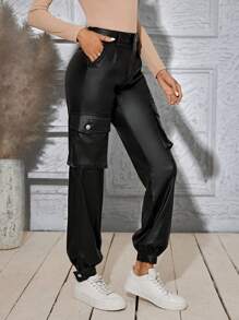 SHEIN LUNE 女士時尚休閒純色運動褲 - 黑色 - 查看 3