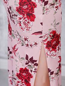 Fikoo 粉色复古碎花女士旗袍连衣裙 - 新娘旗袍，优雅中式长款旗袍，女士夏季长款晚礼服，短袖侧开衩，适合婚礼宾客、花园派对、文化活动和正式场合，女士度假服装 - 粉色 - 查看 6