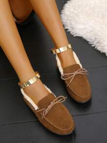 女士圆头蝴蝶结棕色保暖内衬保暖平底鞋（大码）出口 - 棕色 - 查看 2