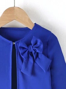 SHEIN 小女孩春秋優雅簡約圓領寬鬆純色3d蝴蝶結裝飾夾克 - 藍色 - 查看 5