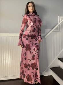 女士復古花卉印花連身裙,荷葉邊和鈴鐺袖 - 彩色 - 查看 6