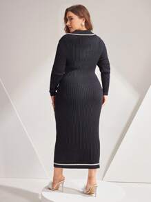 Mulvari Damen-pulloverkleid Im Farbblock-stil In Übergröße Mit Gerolltem Rand Und Knopfdetail - Schwarz und Weiss - Übersicht 2