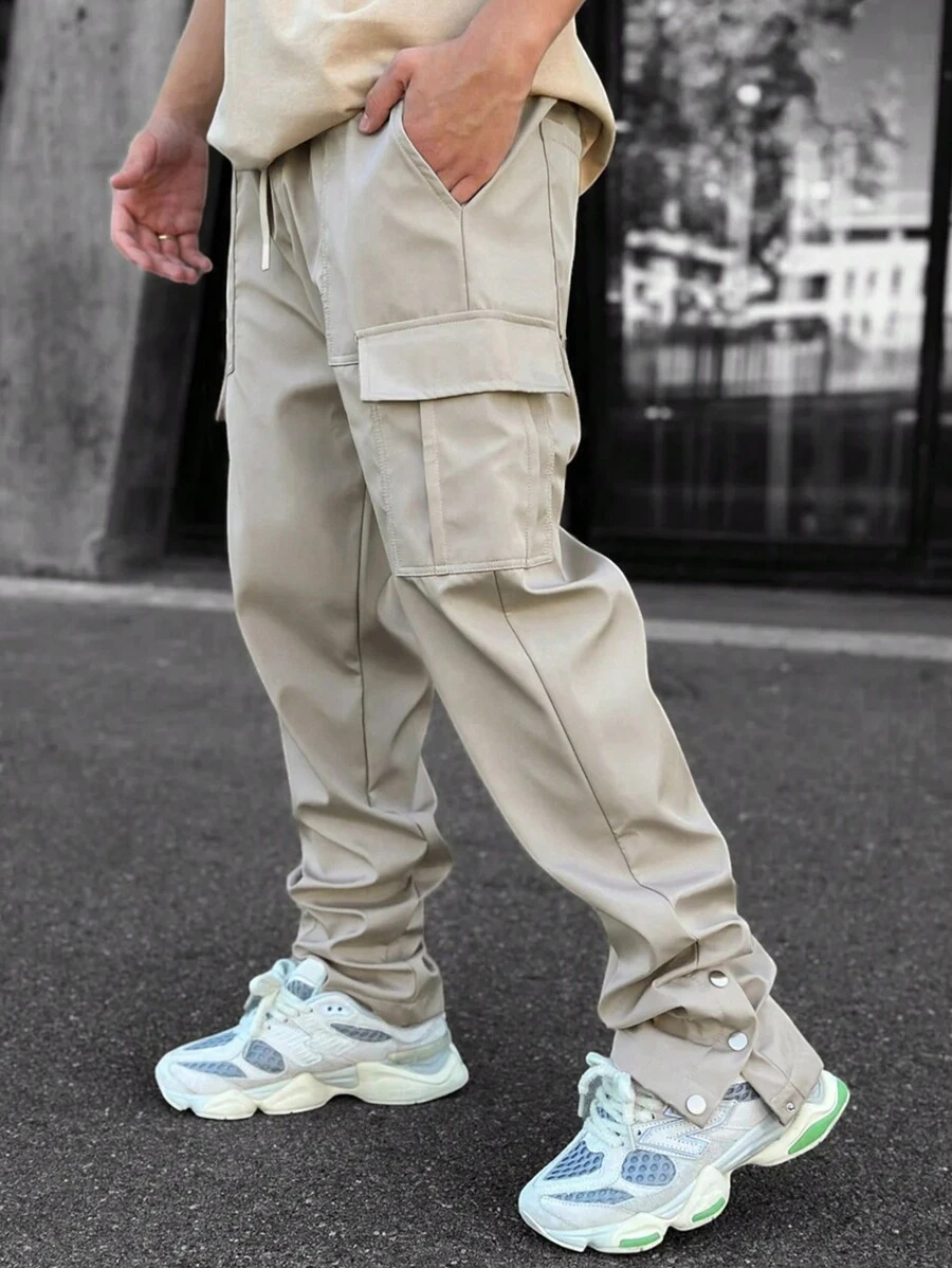 Manfinity Homme Loose Men's Drawstring Tactical Cargo Pants Baggy Long Plain Cream Going Out - Beige - View 1