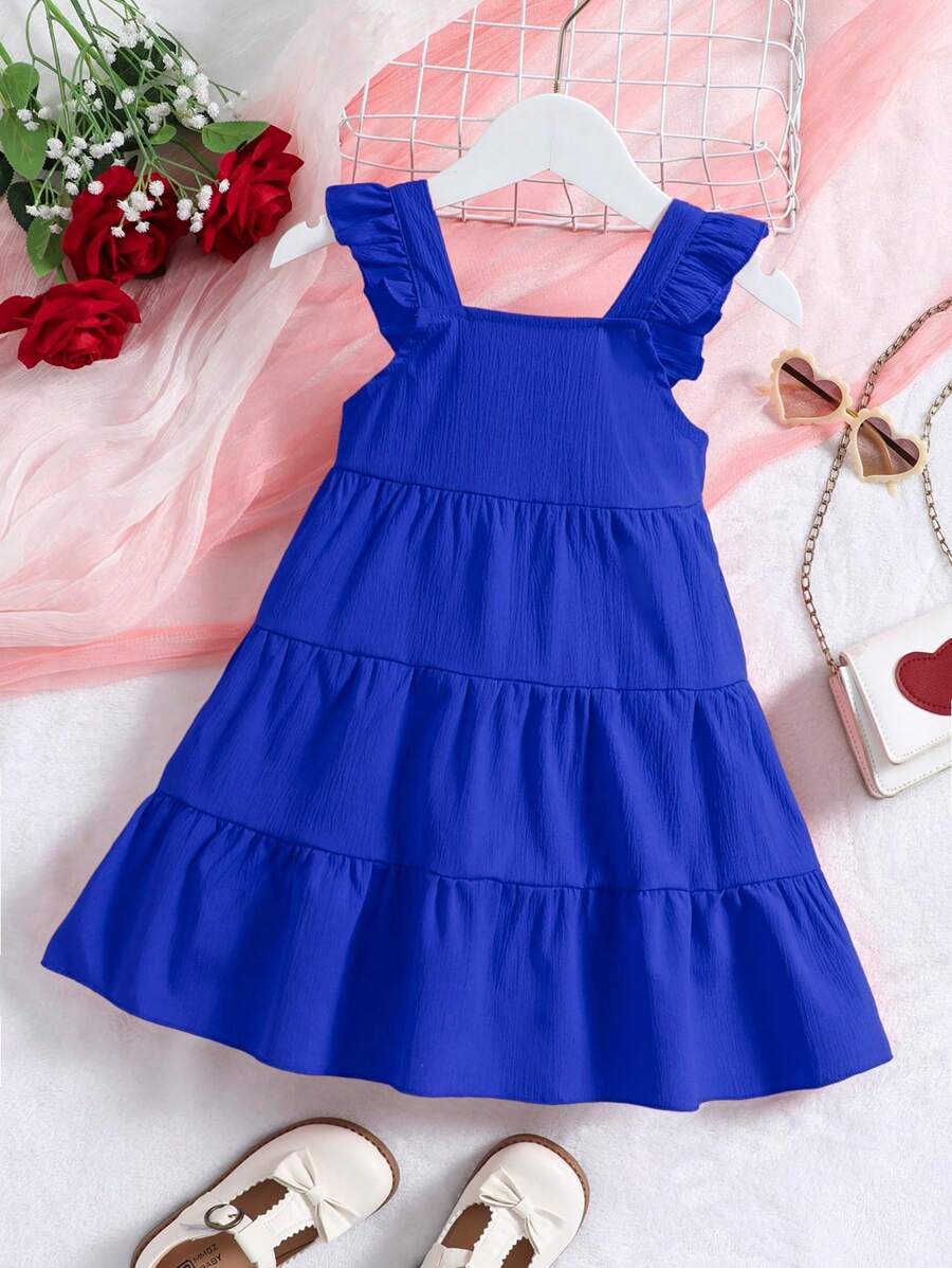 SHEIN Young Girls' Casual Blue Vacation Dress, Featuring A Simple Dress With Cute Short Cap Sleeves And An A-Line Silhouette, Increasing Its Versatility. Comfortable Fabric Enhances Wearing Comfort, Easy To Match And Stylish. Perfect For Daily Outings, Casual Outdoor Activities In Spring And Summer. - Blue - View 1