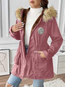 Calvaya Plus Size Drawstring Waist Fuzzy Trim Hooded Parka Puffer Jacket Coat For Winter Clothes - Pink - View 6