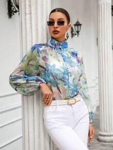 SHEIN VCAY 植物印花立領長袖襯衫 - 彩色 - 查看 3