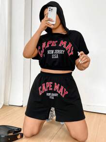 Flirla Plus Size Women'S Letter Printed Short Sleeve Hooded T-Shirt And Shorts Set