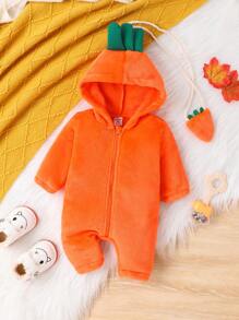 SHEIN Perso Play 寶寶女孩秋冬季溫暖可愛的胡蘿蔔造型連體衣,採用蓬鬆材質 - 橘色 - 查看 3