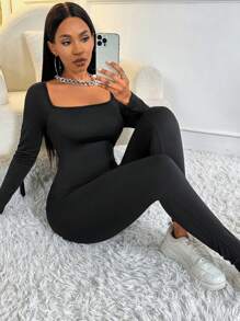 Zolique Women's Solid Color Square Neck Thermal Lined Skinny Jumpsuit - Black - View 3