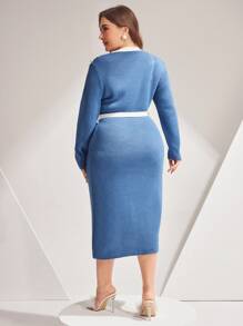 Mulvari Vestido De Suéter De Talla Grande Con Cinturón De Cintura Para Mujeres - Blanco y Negro - Ver 2