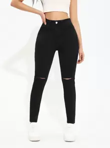 SHEIN EZwear 破洞修身牛仔褲 - 黑色 - 查看 1