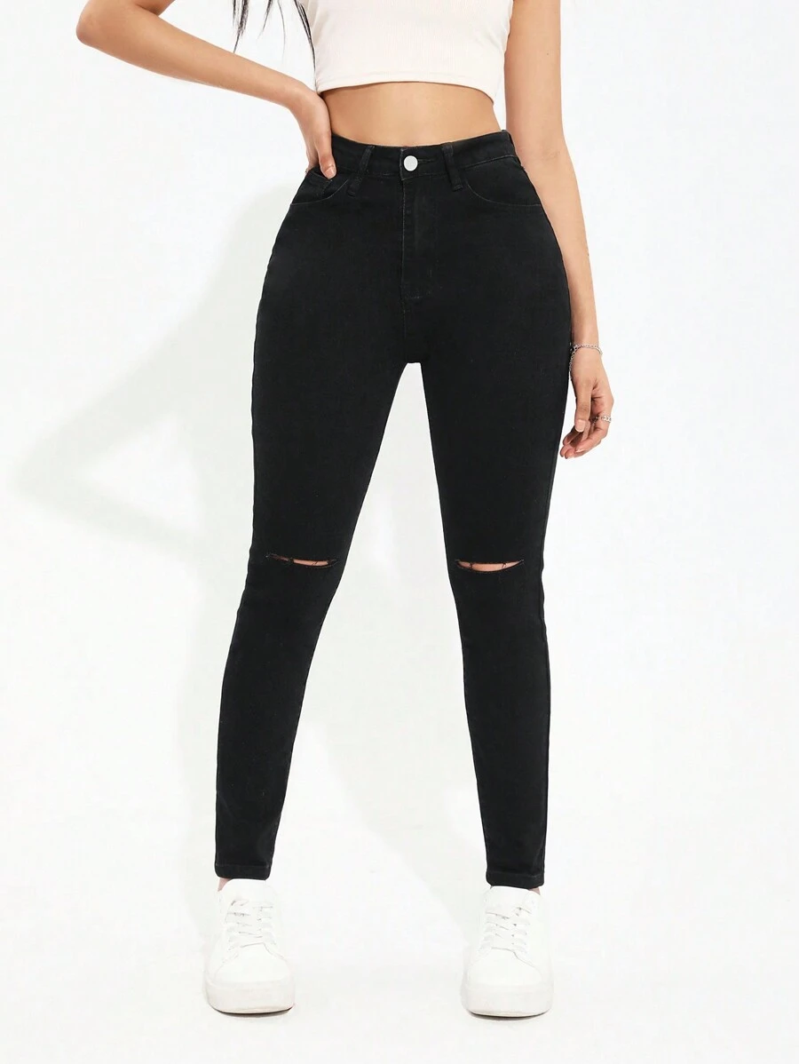 SHEIN EZwear 破洞修身牛仔褲 - 黑色 - 查看 1