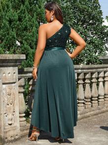 SHEIN Belle 大尺碼女士一字肩拼接亮片腰帶連衣裙 - 墨綠色 - 查看 2