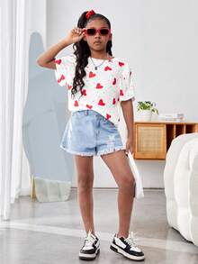 Tween Girl Casual Knit Red Heart Loose Fit Crew Neck Short Sleeve Top, T-Shirt, Suitable For Valentine's Day, Mother-Daughter, Sisters Matching - White - View 5
