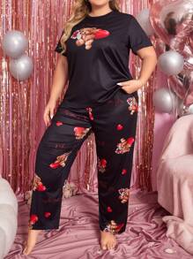 Plus Size Women's Bear Printed Short Sleeve T-Shirt And Shorts Pajama Set - Black - View 4