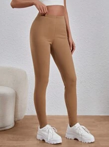 SHEIN Essnce Women'S Solid Color Leggings - Mocha Brown - View 4