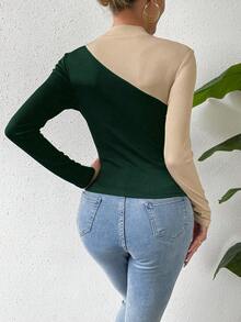 SHEIN Essnce 立領拼色長袖t卹 - 綠色 - 查看 2