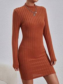 SHEIN Essnce Dệt kim Của phụ nữ Đứng cổ áo Váy bodycon - Rỉ Nâu - Xem 5