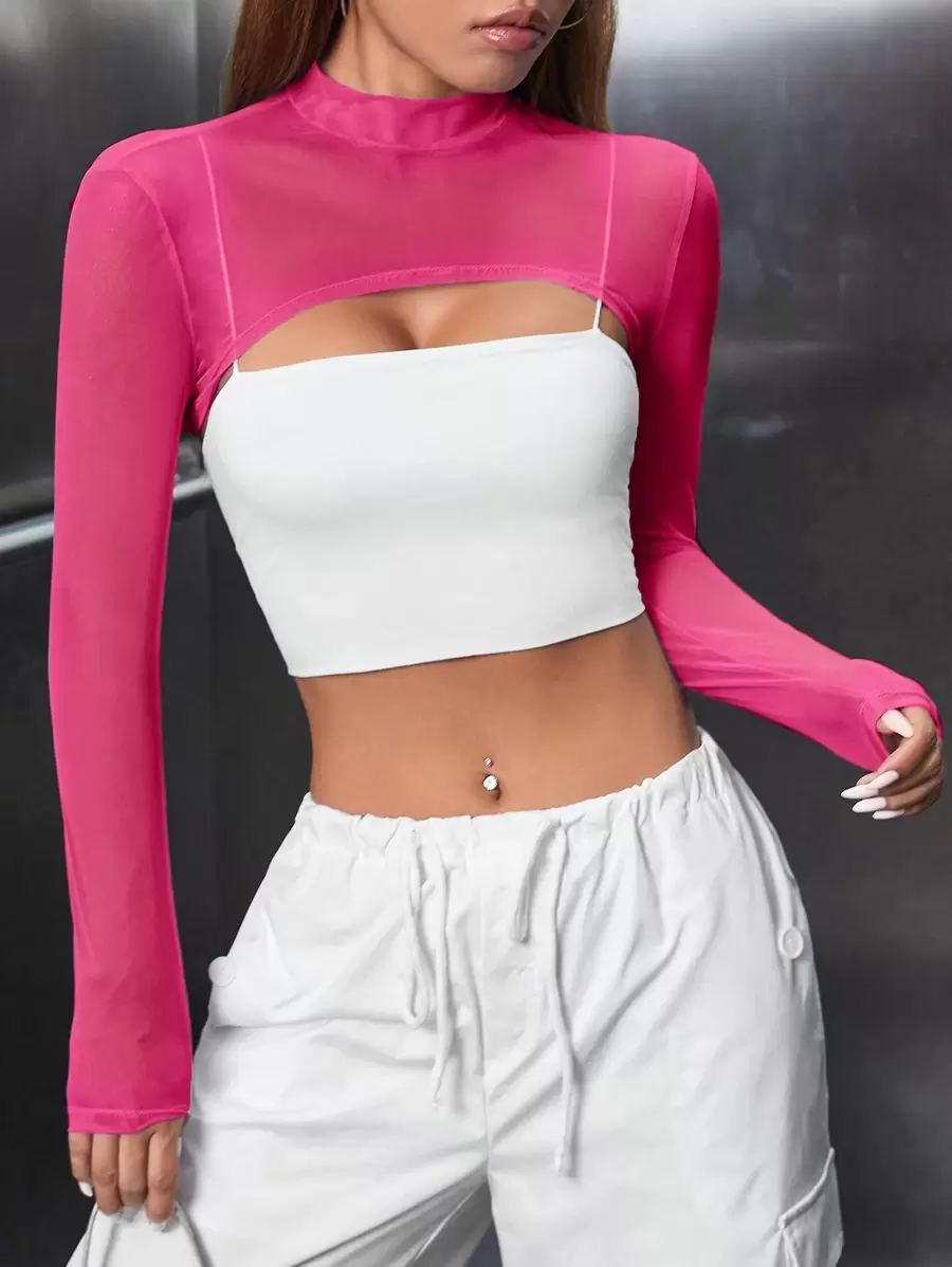 SHEIN PETITE Women's Stand Collar High-Low Hem Cropped Top - Hot Pink - View 1