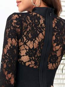 女士性感長袖蕾絲繃帶洋裝優雅派對禮服 - 黑色 - 查看 5