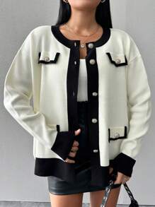 RueChic Plus Size Women's Drop Shoulder Long Sleeve Cardigan With Single Breasted Closure - Black and White - View 1
