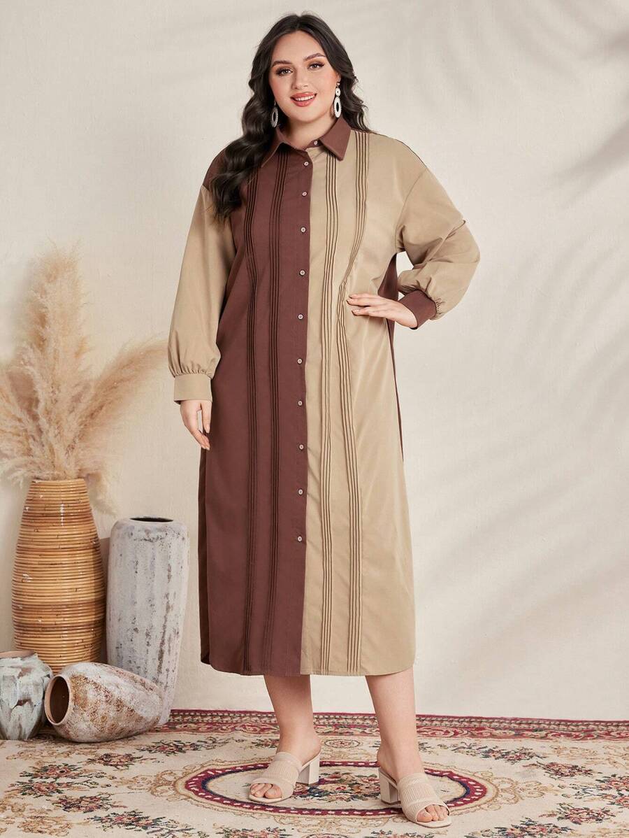 Mulvari Kích thước lớn Của phụ nữ Tương phản Màu sắc Váy sơ mi - màu nâu - Xem 1
