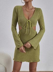 SHEIN PETITE Của phụ nữ Eo chạm rỗng Rau diếp Hem Đầm - màu xanh lá - Xem 6